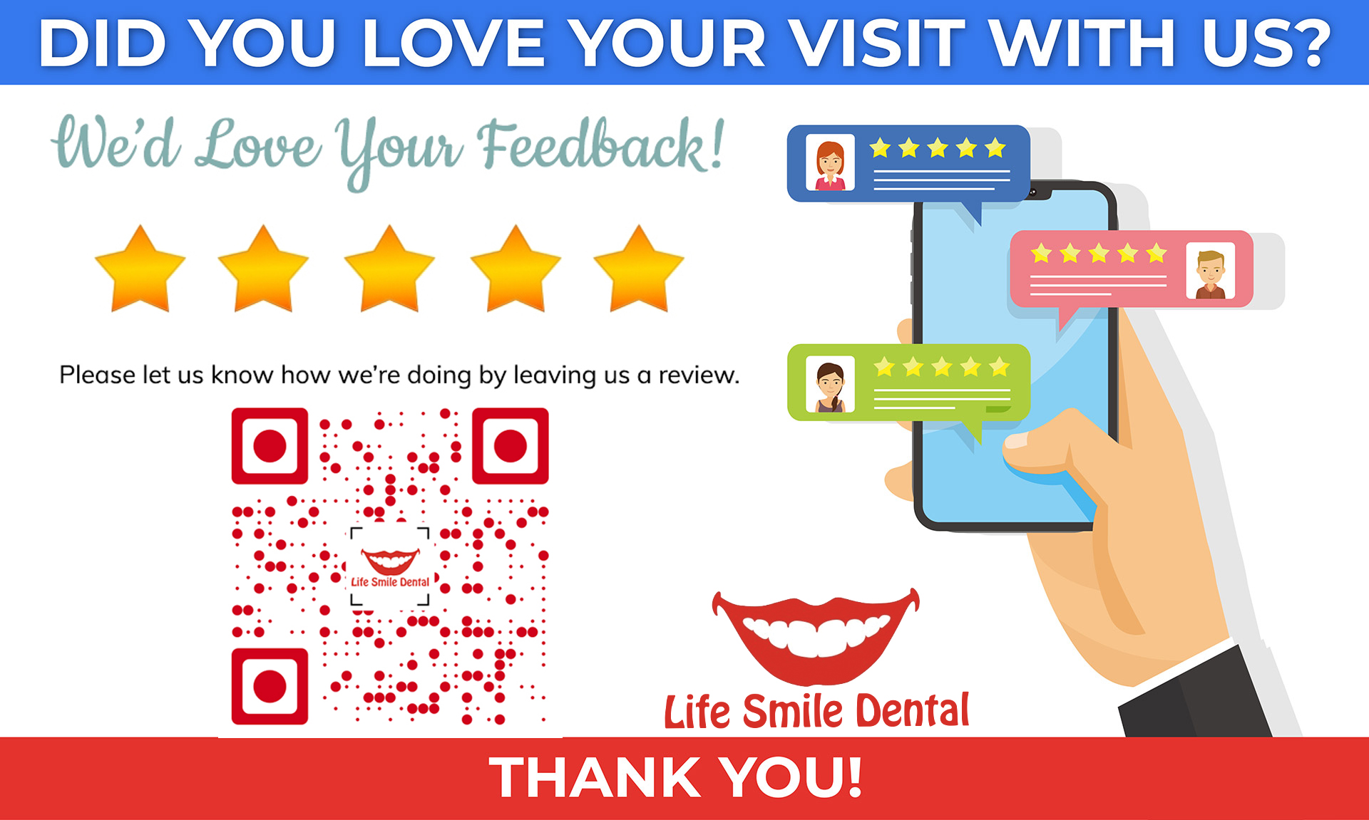 Did you love your visit with us? We'd love your feedback! Scan the QR code to leave Life Smile Dental Center a review. Thank you!