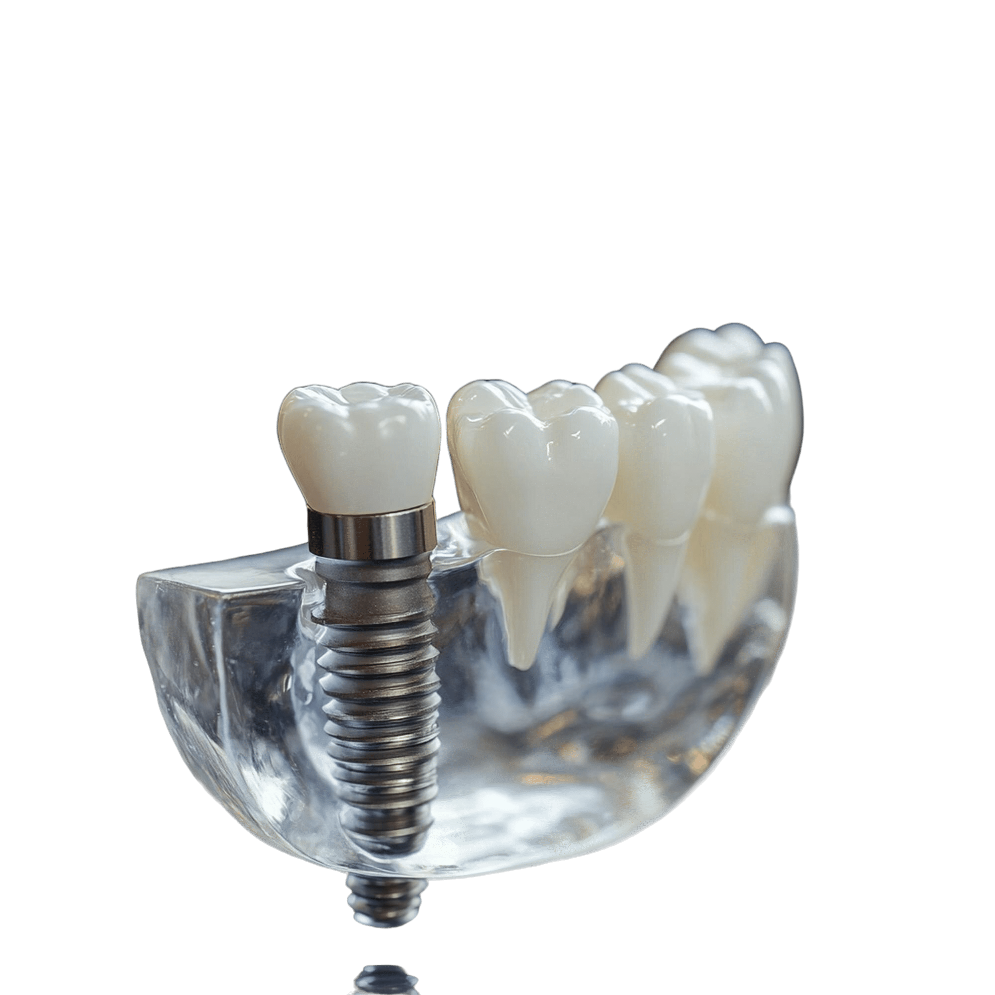 A dental implant model showing the implant post, abutment and crown beside natural teeth